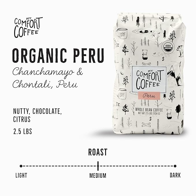 Mt. Comfort Coffee Organic Peru Medium Roast, 2.5 Pounds - Flavor Notes of Nutty, Chocolate, & Citrus - Sourced From Small, Peruvian Coffee Farms - Roasted Whole Beans