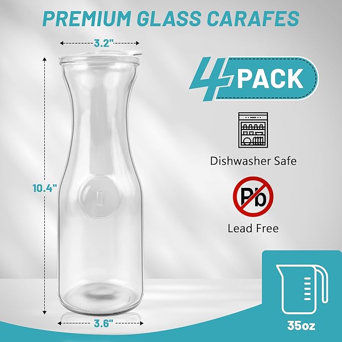 Glass Carafe with Acrylic Lid,35 Oz Beverage Dispensers Carafe,Mimosa Bar Supplies,Clear Glass Pitcher with Name Labels for Iced Tea,Coffee,Juice(Set of 4)