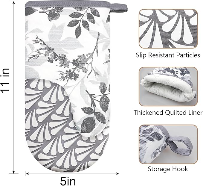 Thumb Oven Mitts, Heat and Slip Resistant Silicone Kitchen Mittens 2-Pack Set, Foliage Textured Flower Soft Long Oven Gloves, Flexible Thick Potholders for Safe Baking Cooking and Gr (Grayish)