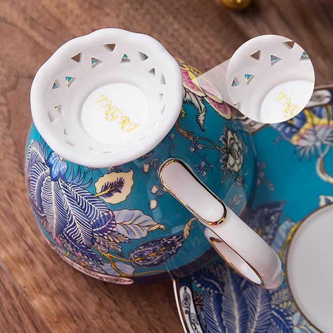 ACMLIFE Bone China Tea Cups, Tea Cup and Saucer Set for 1 Blue and White China Tea Cup 6.7oz Floral Vintage China Coffee Set for Women Party Gift Giving with Gold Trim and Gift Box
