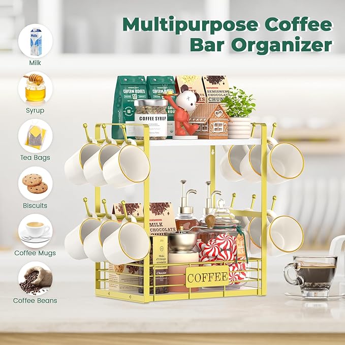 EsLuker.ly Coffee Bar Station Organizer Mug Cup Holder Stand for Countertop, Multi-Functional 2 Tier Mug Tree Rack for Kitchen, Storage Shelf with 12 Hooks, White-Gold
