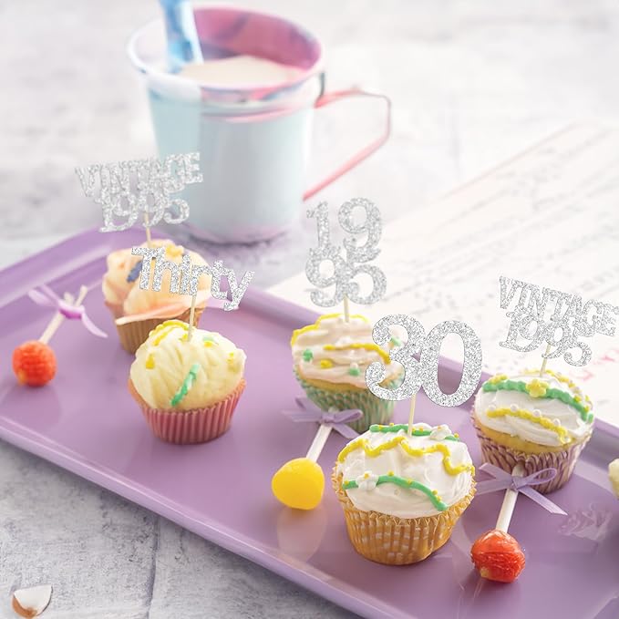 Gyufise 24Pcs Happy 30th Birthday Cupcake Toppers Glitter Thirty 30 Fabulous Vintage 1995 Cupcake Picks for 30th Birthday Wedding Anniversary Party Cake Decorations Supplies Silver