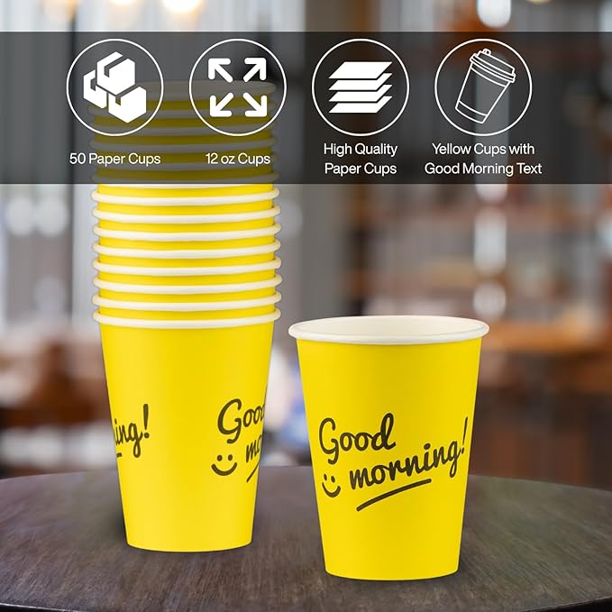 Smygoods Disposable Coffee Cups, To Go Paper Hot Cups, Good Morning Design (12 OZ, 50 Count) For Hot Beverages, Coffee, Tea, Espresso, Cocoa - Vasos Para Cafe