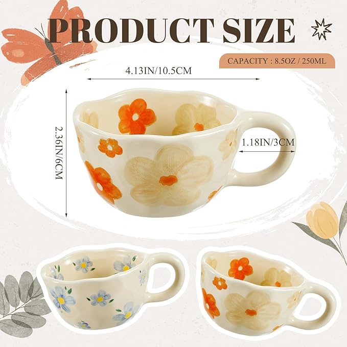 Vesici 2 Pcs Ceramic Coffee Mugs Flower Cups with Spoon Vintage Floral Mugs with Handle 8.5 oz Aesthetic Tea Porcelain Cup Gift for Valentine Office Home, Dishwasher and Microwave Safe(Vivid)