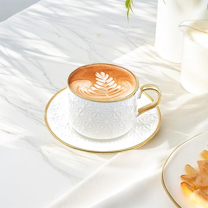 Espresso Cups and Saucers Set of 6, 7 OZ Porcelain Cappuccino Cups with Saucers, Stackable Coffee Mugs for Demitasse, Latte, Cafe, Mocha, Tea, Mother's Day Gift Thanksgiving Christmas Gift Present