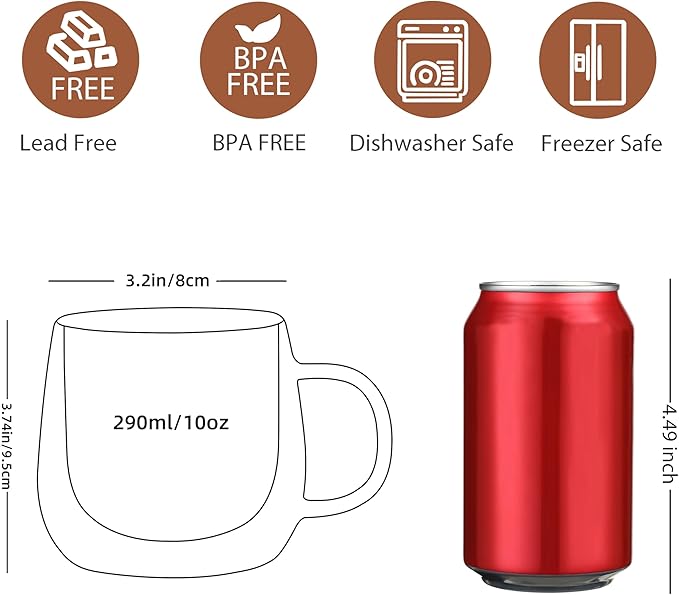 CNGLASS 10oz Double Walled Glass Coffee Mugs(4-pack),Clear Coffee Cups with Handle,Glass Espresso Mugs for Latte,Cappuccino,Tea