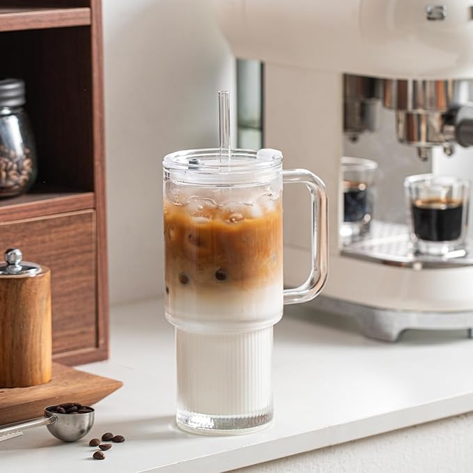 INSETLAN 26oz Glass Tumbler with Handle & Lid – 2-Pack Large Iced Coffee Cups with Straws, Modern Glass Mug for Cold & Hot Beverages, Aesthetic Travel Cup for Smoothies, Tea, and Juice