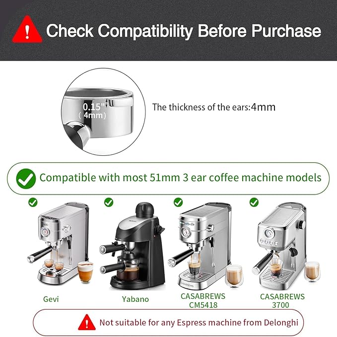 51mm Bottomless Portafilter Compatible for CASABREWS Espresso Machine CM5418, 3700 Series, Mr. Coffee Espresso and Cappuccino Machine, with Stainless Steel Double Shot Capacity Cup Filter Basket