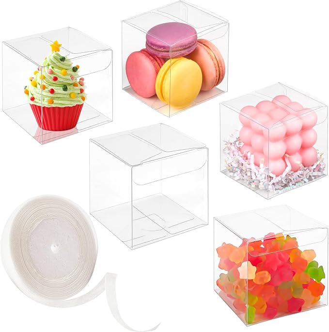 45 Pack 3x3x3 Inches Clear Favor Boxes with Ribbons, Transparent Plastic Cube Treat Boxes for Candy Goodie Gift, Small Individual Hot Cocoa Bomb Packaging Box