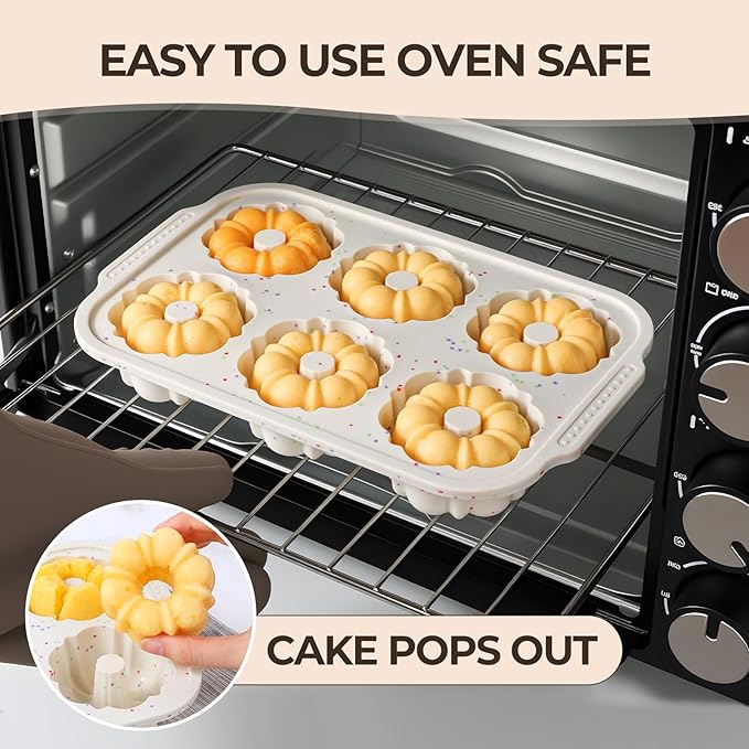 Mini Bundt Cake Pans for Baking, Silicone 6-Cavity Fluted Tube Cake Pan with Metal Reinforced Frame, Nonstick Baking Molds for Cupcake, Brownie, Donuts, Cornbread, Jello