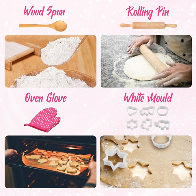 Kids Cooking Baking Set , Kids Kitchen Pretend Play Toys, Children Chef Role Play Costume Set - Chef Hat and Matching Pink Apron, Birthday Xmas Gifts for 3-8 Year Old Girls Toys