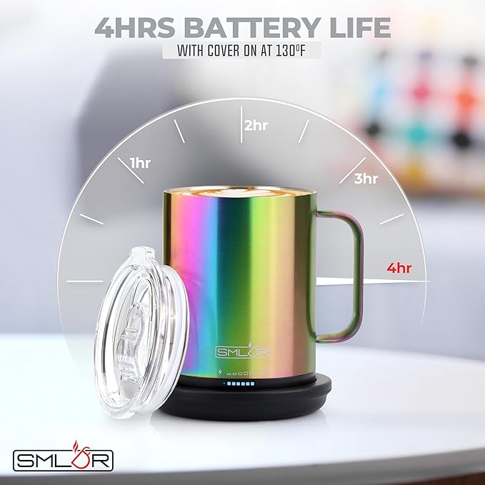SMLDR Pro Heated Mug, 14 oz Smart Mug, Self-Heating, Adjustable Temperature, Battery Powered Heated Coffee Mug, Quick Recharge Time, Great for Coffee & Tea, Excellent Gift (Rainbow)