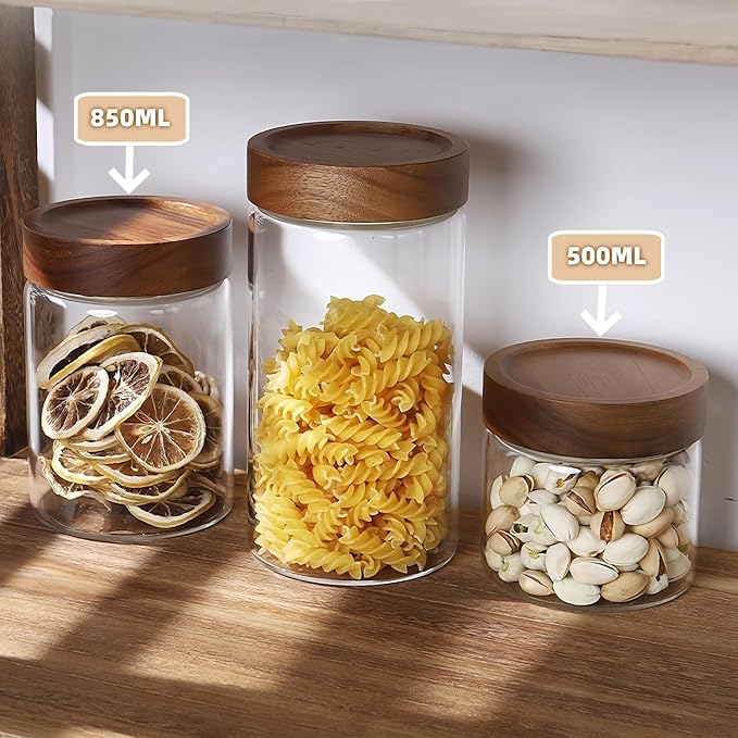 17 Fl oz/500 ml Glass Food Storage Jar, Premium Clear Glass Container Jar with Airtight Wooden Screw Lid, Kitchen Canisters for Coffee,Tea,Pasta,Cookies, Nuts,Spice,Candy,Overnight Oatmeal（Small)