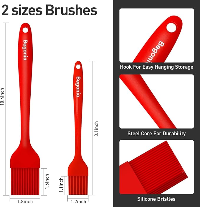 Begonia Silicone Basting Pastry Brush-2pcs Heat Resistant Cooking Brush for Oil, Sauce, Butter, BBQ, Grill and Marinade, BPA Free, Dishwasher Safe （Red）