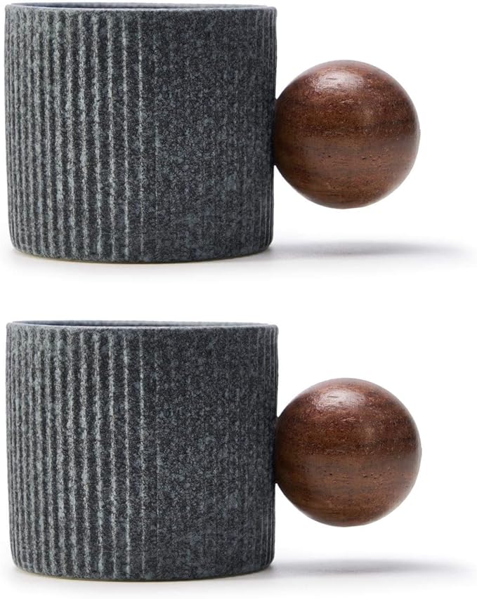 Ceramic Mini Espresso Cups Demitasse Cups with Round Wooden Handle Vertical Stripes Tea Cups (gray, 2pcs)