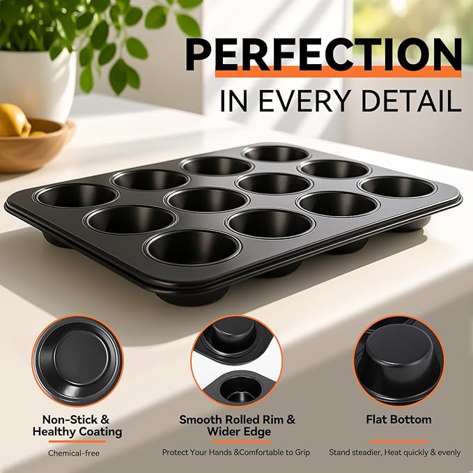 Yoehka 2 Pack Muffin Pan for Baking, Nonstick Cupcake Pan Set, Standard 12-Cups Muffin Tin for Baking Cupcakes & Mini Pies, Carbon Steel Baking Supplies