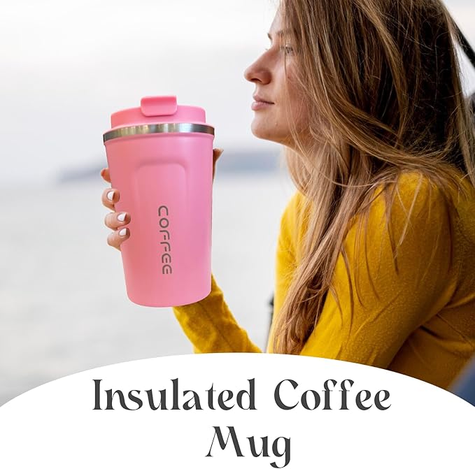 YINBAOGE Insulated Travel Coffee Mug Spill Proof Leak Proof Pobtable To Go Camping Stainless Steel Coffee Tumbler Reusable Coffee Cups with Lids Thermos for Hot and Cold Drink (2nd-Pink, 12 OZ)