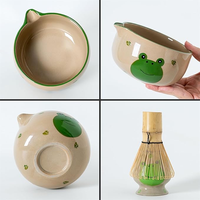 Frog Matcha Whisk Set, Cute Ceramic Matcha Kit with Hand-Painted Bowl with Spout, 2 Cups, Bamboo Whisk, Holder & Scoop, for Tea lovers and Gift Giving