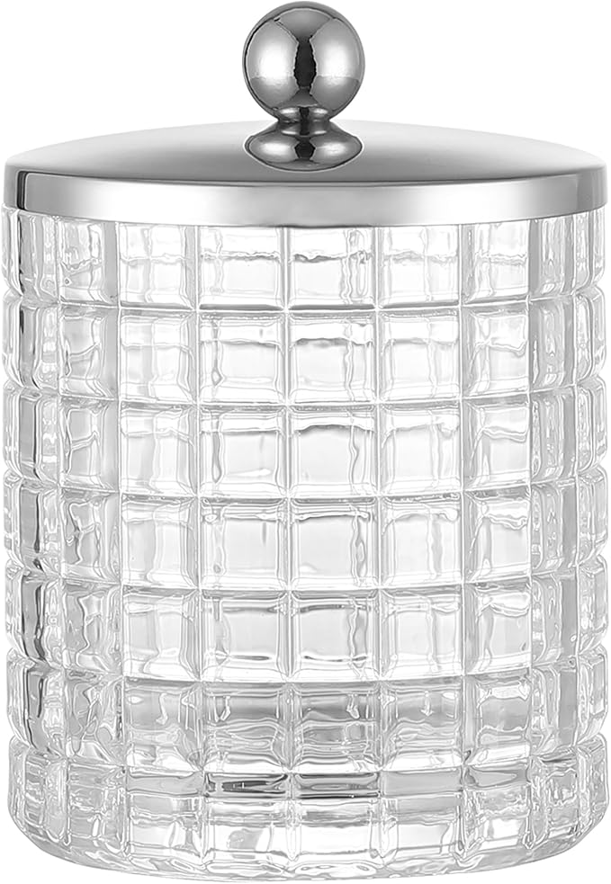 Glass Cotton Jar Holder Silver Lid, Elegant Bathroom Storage Canister for Qtips, Cotton Balls, Floss, Makeup Organizer, Vanity Bathroom Organization