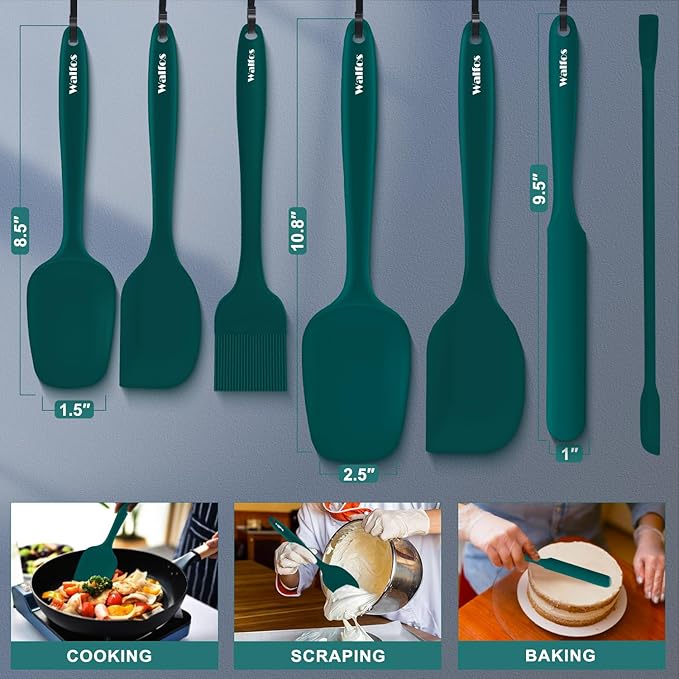 Walfos Silicone Spatula Set of 7 - (600°F) High Heat Resistant Dark Green Kitchen Scraper Spatulas, One-Pieces Seamless Design, Perfect for Cooking Mixing & Baking - BPA Free and Dishwasher Safe
