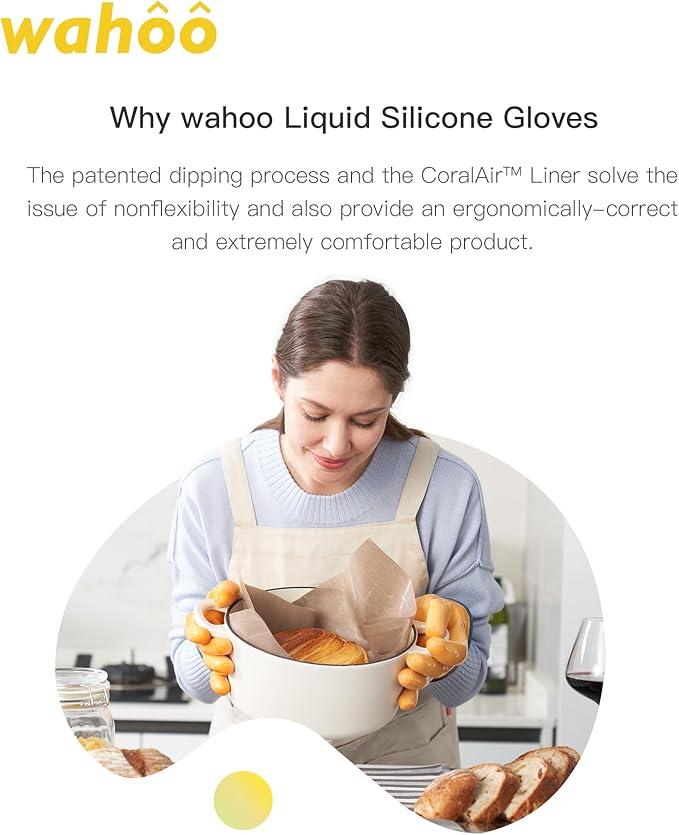 wahoo Professional Liquid Silicone Oven Mitts Gloves, Heat Resistant Gloves for Cooking, Baking, CoralAir Liner, 12 Inch, Yellow, Medium