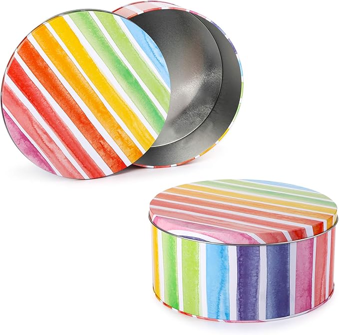 Yopay 3 Pack Cookie Tins, Round Baking Cake Gift Tins for Storing Patisseries, Puff Pastries Craft Supplies, Easter, Special Occasion and Holidays, Rainbow Pattern, 7" W X 3.2" H, Metal