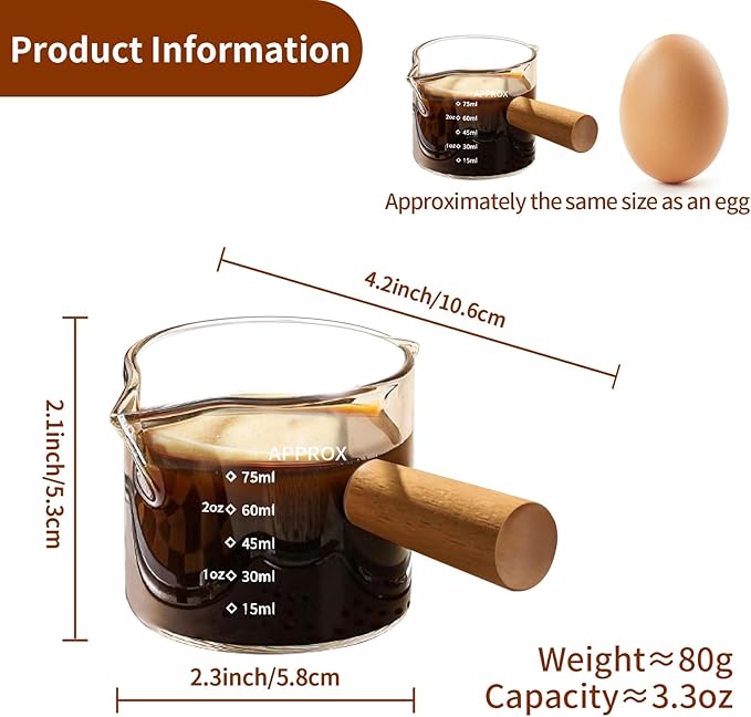 YARRAMATE 3.4oz Espresso Cups with Wood Handle, Clear Glass Espresso Accessories, Double Spout Measuring Cup with Dual Scale, Espresso Shot Glass with V-Shaped Spout