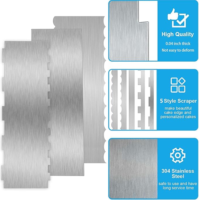 3 Pieces 8.7 Inche Stainless Steel Cake Scraper，Double Sided Patterned Edge Stripe Edge Smoother Scraper Cake Decorating，Cake Decorating Comb Cake Scraper (3, 3)