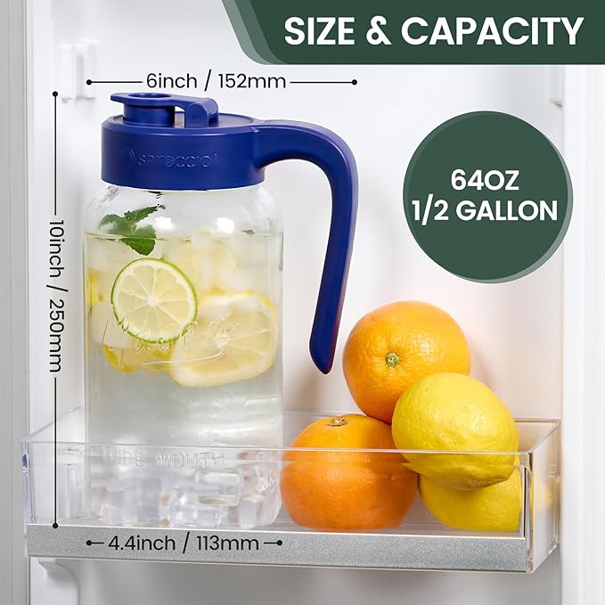 Mason Jar Pitcher - Airtight & Leakproof Glass Pitcher with Lid, Perfect for Breastmilk, Cold Brew, and Sun Tea, 2 Quart (64 oz) Mason Jar with Pour Spout Lid