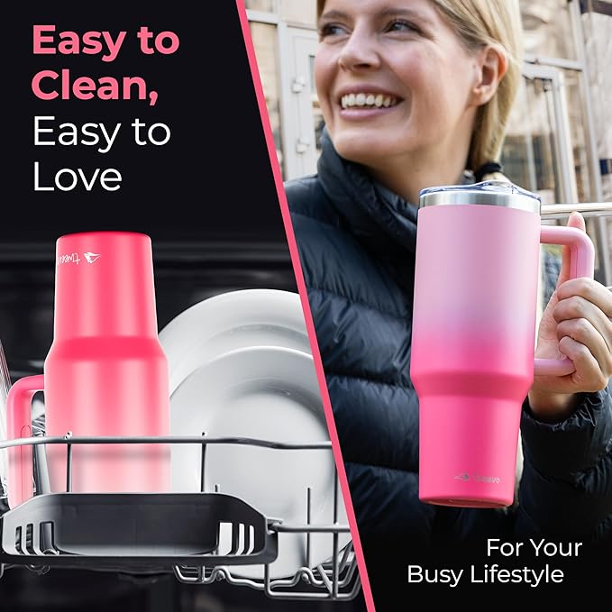 40 oz Tumbler With Handle and Straw Made of Stainless Steel - Double Wall Vacuum Insulated Tumbler With Lid - Sweat Proof Easy Grip, BPA-Free, Dishwasher Safe Tumbler (Misty Pink)
