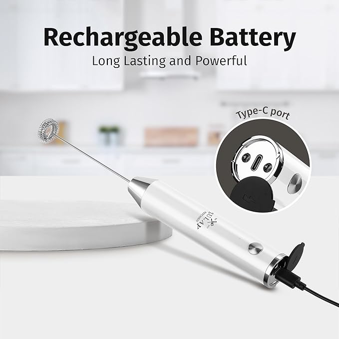 Zulay Kitchen Lux Rechargeable Milk Frother Handheld - Powerful 2-Speed Motor, Fully Waterproof, 2000mAh Battery - Drink Mixer For Latte, Cappuccino, Matcha, Protein Powder - White