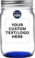 DISCOUNT PROMOS 100 Decorating Mason Jars Set, 12 oz. - Customizable Text, Logo - Canning, Aluminum Lid - Blue