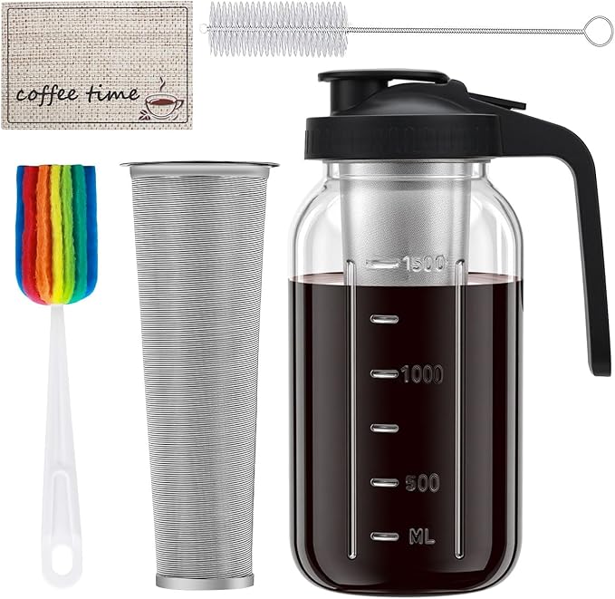 Cold Brew Coffee Maker Pitcher, 64oz Iced Coffee Tea Pitcher for Fridge with Stainless Steel Filter, 1/2 Gallon Glass Mason Jar Cold Brew Maker with Pour Spout Lid, Drying Mat, 2 Brushes, Leak-Proof