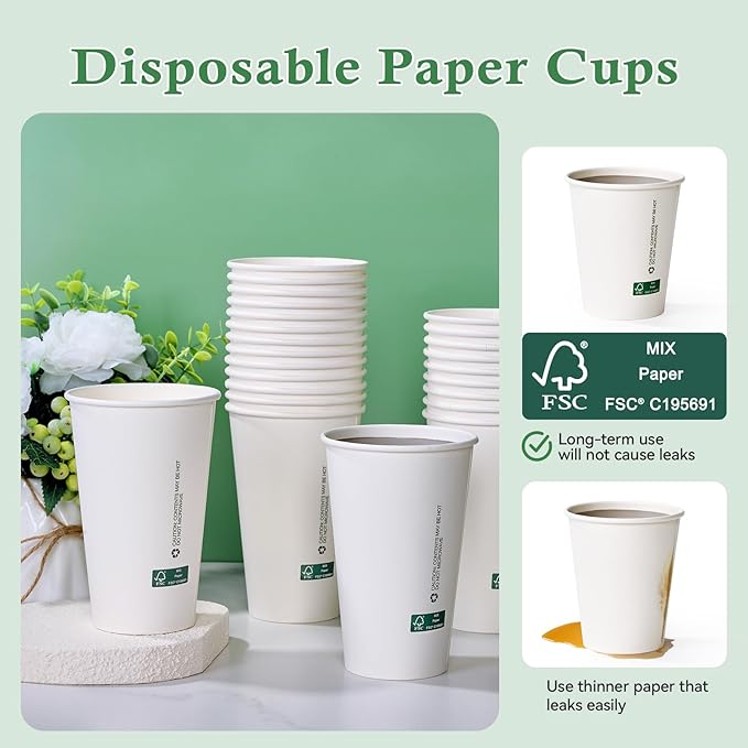 LITOPAK 210 Pack 16 oz Disposable Paper Coffee Cups, White FSC Hot Coffee Cups for Multiple Drinks for Office, Store, Home