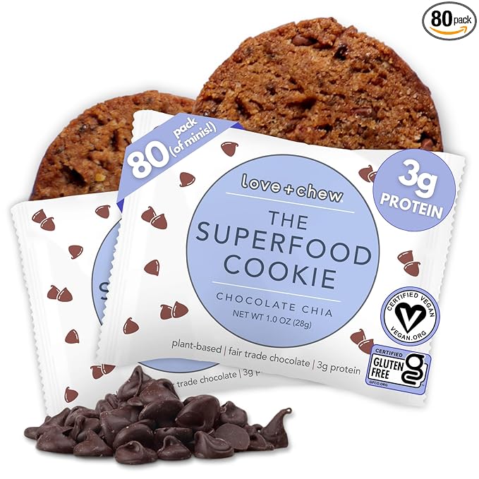 Love + Chew Chocolate Chia Minis Bulk Box - Tasty, Gluten Free Cookies - Vegan, Healthy, Paleo, Non GMO - Individually Wrapped and Soft Baked - Made from High Protein Almonds - 1 Ounce Each, 80 Count