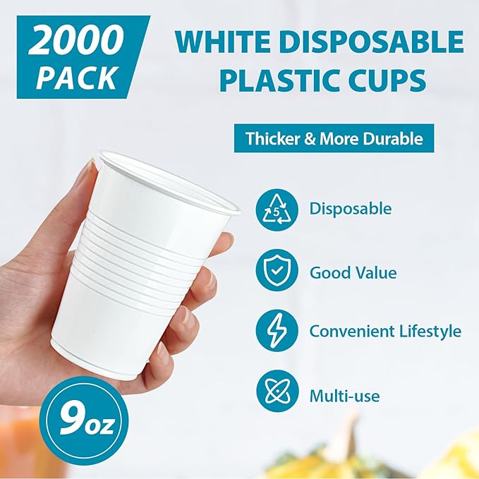 Lilymicky 2000 PACK 9 oz White Plastic Cups, 9 Ounce Disposable Drinking Cups for Birthday Parties, Picnics, Ceremonies