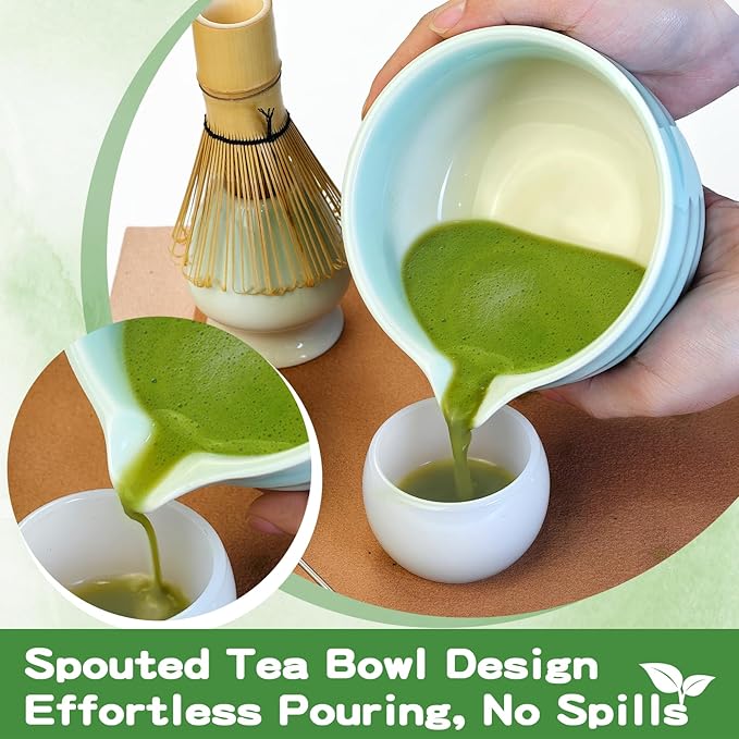 Matcha Whisk Set, 7 Pcs Ceramic Matcha Kit, Matcha Bowl with Spout, Matcha Whisk, Holder, Stainless Sifter, Bamboo Scoop and Tea Towel, Matcha Gift Set for Matcha Tea Lovers