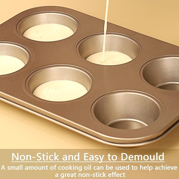 2Pcs Non-Stick 6-Cup Muffin Pan for Baking, Carbon Steel Cupcake Baking Tray, Stackable Cupcake Molds, Dishwasher Safe - 10.4 x 7.3 x 1.1 Inches (Black)