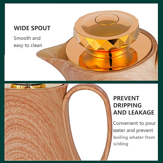 Insulated Thermal Coffee Carafe, 33 oz, Luxury Arabic-Style Insulated Carafe Flask, Coffee Tea Pot, with Spout and Glass Liner for Hot Cold Water, Housewarming Ornaments (Wood Color)