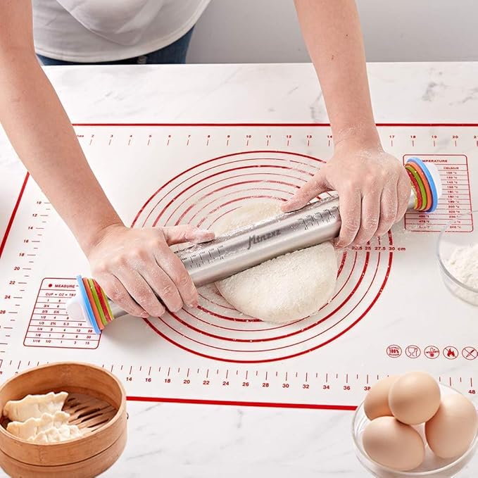 Rolling Pin and Silicone Baking Pastry Mat Set, Stainless Steel Dough Roller, Rolling Pins with Adjustable Thickness Rings, for Baking Fondant, Pizza, Pie, Pastries, Pasta, Cookies