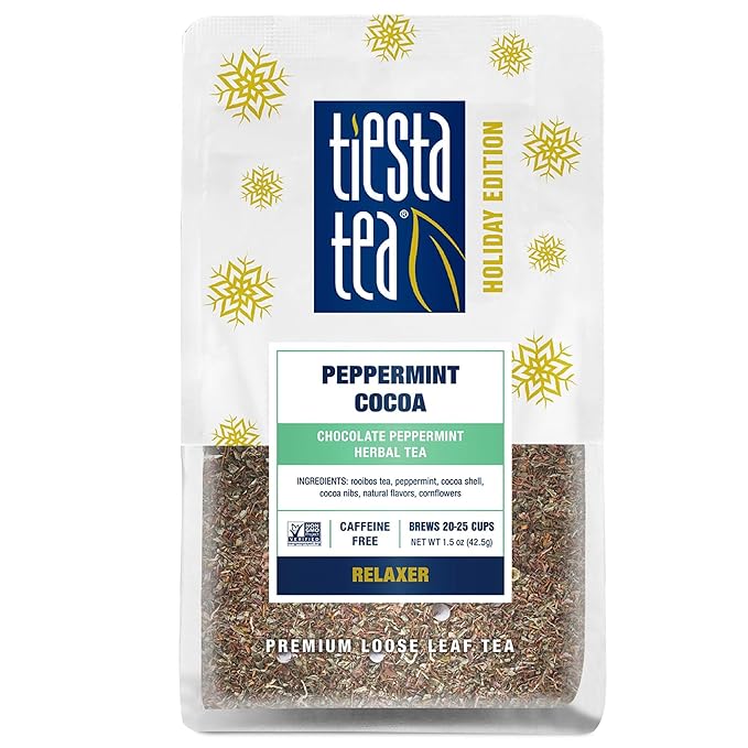 Tiesta Tea - Cozy Peppermint Cocoa, Loose Leaf, Chocolate Peppermint Herbal Tea, Premium Non-Caffeinated Holiday Blend, Make Hot or Iced & Up to 25 Cups, 1.5oz Resealable Pouch