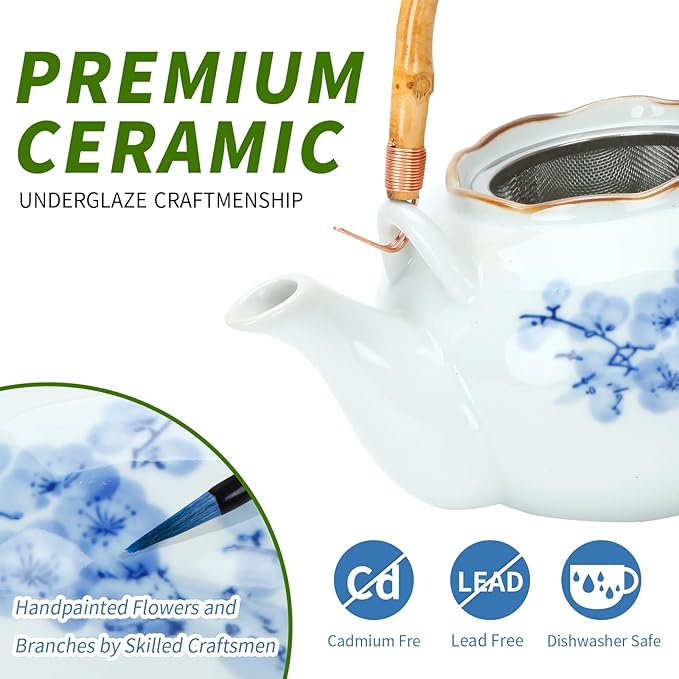 Japanese Tea Set Porcelain Tea Set with Teapot and Tea Cup Set for 4, Blue and White Tea Sets for Adults with Stainless Infuser and Bamboo Tray, Asian Tea Set for Tea Lovers/Women/Men (Plum & Bamboo)