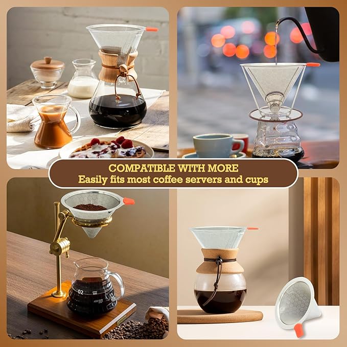 Pour Over Coffee Dripper, Paperless Pour Over Coffee Filter, Reusable Pour Over Coffee Maker Set, Dual-Layer Stainless Steel Cone Filter, Detachable Dripper Stand, Single Cup Brewer 1-2 Cup