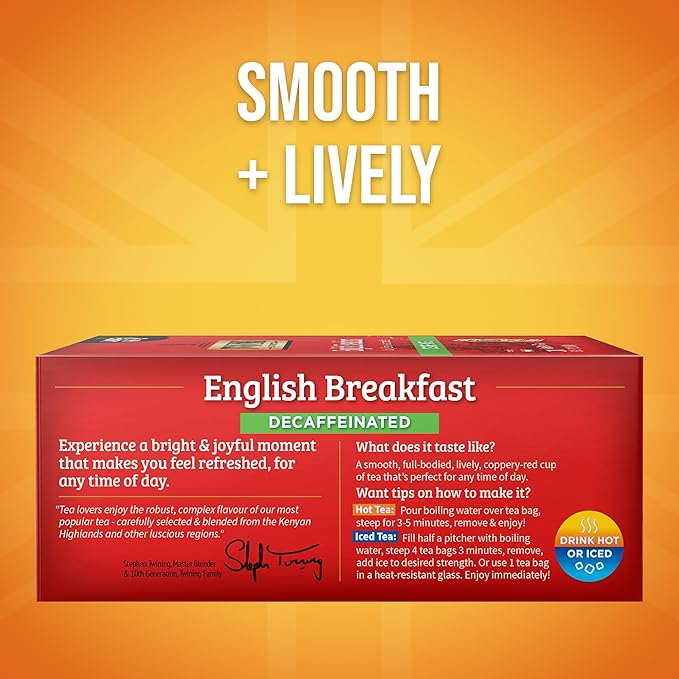 Twinings Decaffeinated English Breakfast Black Tea Individually Wrapped Bags, 100 Count (Pack of 1), Smooth, Flavourful Black Tea, Enjoy Hot or Iced, 100 Teabags