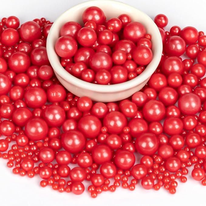Twisweet Red Pearl Sprinkles for Cake Decorating, Edible Sugar Pearls for Baking, Mix Size, Cake Topper Cupcake Cookie Ice Cream Dessert Decorations, Valentines Birthday Christmas Supplies (130g/4.58oz)