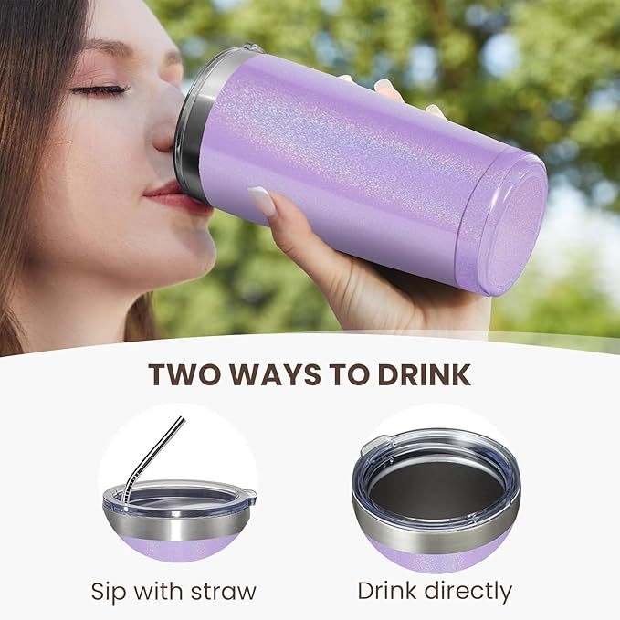 MEWAY 20oz Tumbler Double Wall Vacuum Insulated Travel Glitter Mug,Stainless Steel Tumblers with Lid and Straw, Powder Coated Coffee Cups for Woman (Rainbow Purple,1)