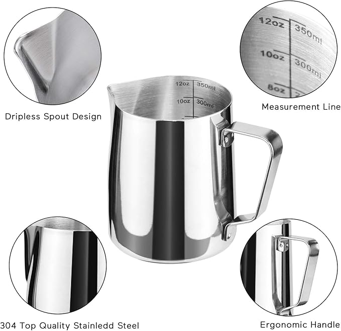 HOFASON Stainless Steel Milk Frothing Pitcher Cappuccino Pitcher Pouring Jug Espresso Cup Creamer Cup for Latte Art, 12 Ounce (350 ML)