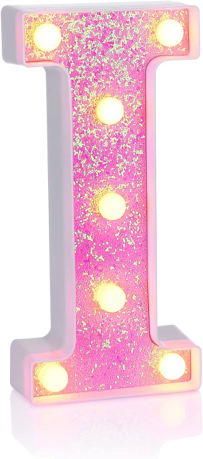 Foaky Pink Light up Letters，Pink Party Decorations,Girls Room Decor,Glitter Light Up Letters,Alphabet Letter Sign for Night Light Birthday Party Girls Gifts, Home Bar Decoration（I）