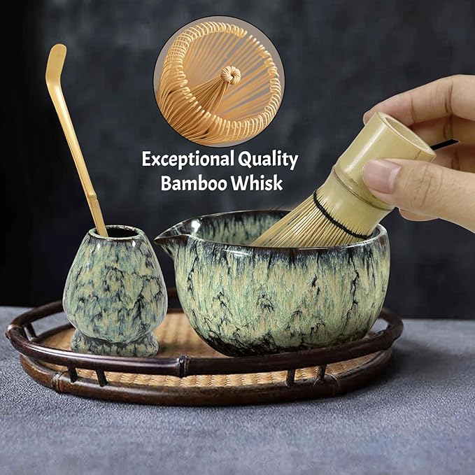 Matcha Whisk Set,6Pcs Matcha Kit Includes Matcha Whisk and Holder,Matcha Bowl with Spout,Matcha Sifter and 2Pcs Matcha Spoon,Suitable as a gift for those who like matcha (Quenching Blue)