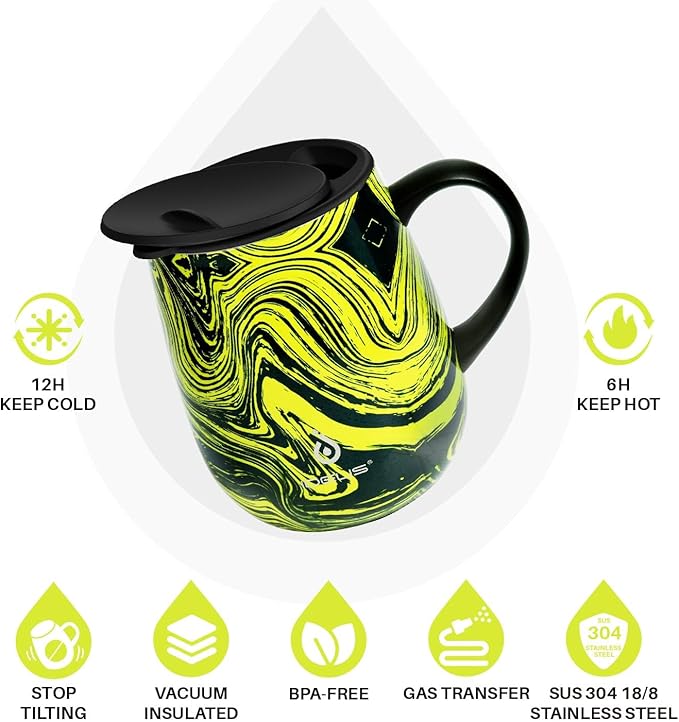 Ideus 16 oz (470 ml) Insulated Coffee Mug with Handle and Lid, Double Wall Stainless Steel Vacuum Thermal Coffee Mug, Travel Coffee Cup Thermal Cup for Home and Office (Yellow Zebra)